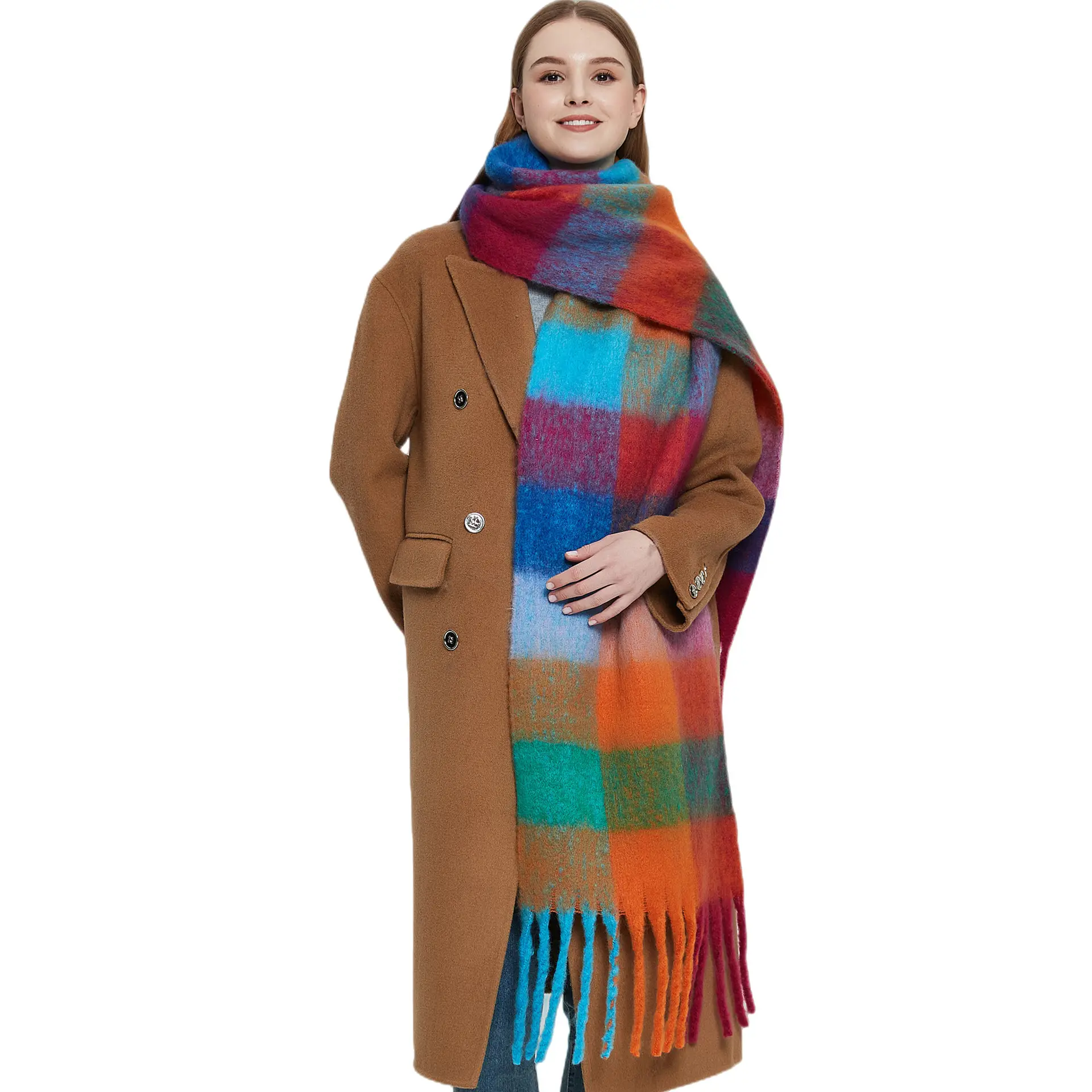 Atacado Chunky cachecol Xales Inverno das mulheres Grosso Malha Longo Xaile Cape Poncho Franja Stripe Scarf With Tassel