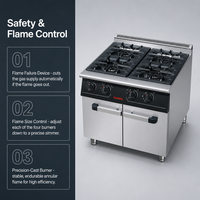 Cuisinière à gaz commerciale JUSTA à 4 brûleurs avec protection contre l'extinction de la flamme et armoire de rangement, cuisinière en acier inoxydable pour restaurant, hôtel