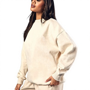 Women Oversized Crew <b>Neck</b> Sweatshirts Solid Pink Drop Shoulder Full Sleeve Cotton Hoodies & Sweatshirts - Product Image 2