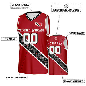 Maillot de basketball unisexe sans manches en polyester respirant à rayures diagonales rouges et noires style drapeau personnalisé, grande taille, séchage rapide - Product Image 4