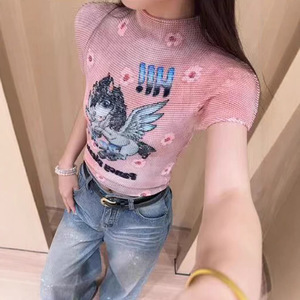 PY 2026 Summer New Arrival Elegant Sheer Crop <b>Top</b> Fashion Print Casual <b>Mock</b> <b>Neck</b> Short Sleeve Cropped <b>Top</b> Online Wholesale Shop - Product Image 2