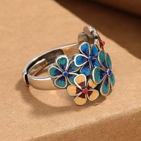 Bague à fleurs en émail cloisonné, style ethnique rétro, faite à la main, ajustable, goutte à goutte d'huile, fleurs florales comme brocart