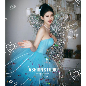 Strapless Blue Tulle Ball Gown Wedding Dress Princess Waistline Indoor Photography Clothing Candy Color Women's Dress - Product Image 3