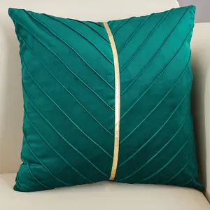 Light Luxury Custom Pleated Velvet Throw Cushion Cover With Golden Stripe 18x18 Velvet Cushion Cover For Home Decor