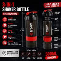 Bouteille shaker protéinée 3 couches 500 ml sans BPA, anti-fuite, pour la gym et le fitness, avec compartiment à poudre et pilulier, logo personnalisé