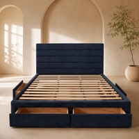 Lit plateforme rembourré en tissu bleu avec rangement intégré, disponible en tailles double, queen et king, pour la vente au détail et la distribution B2B, personnalisation OEM
