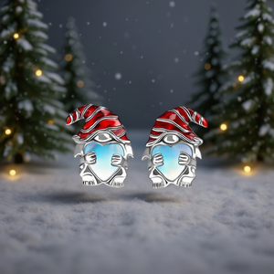 Boucles d'oreilles clous en argent 925 blanc champagne, motif gnome de dessin animé avec cœur en strass de cristal, pour usage quotidien, bijoux unisexes mignons - Product Image 2