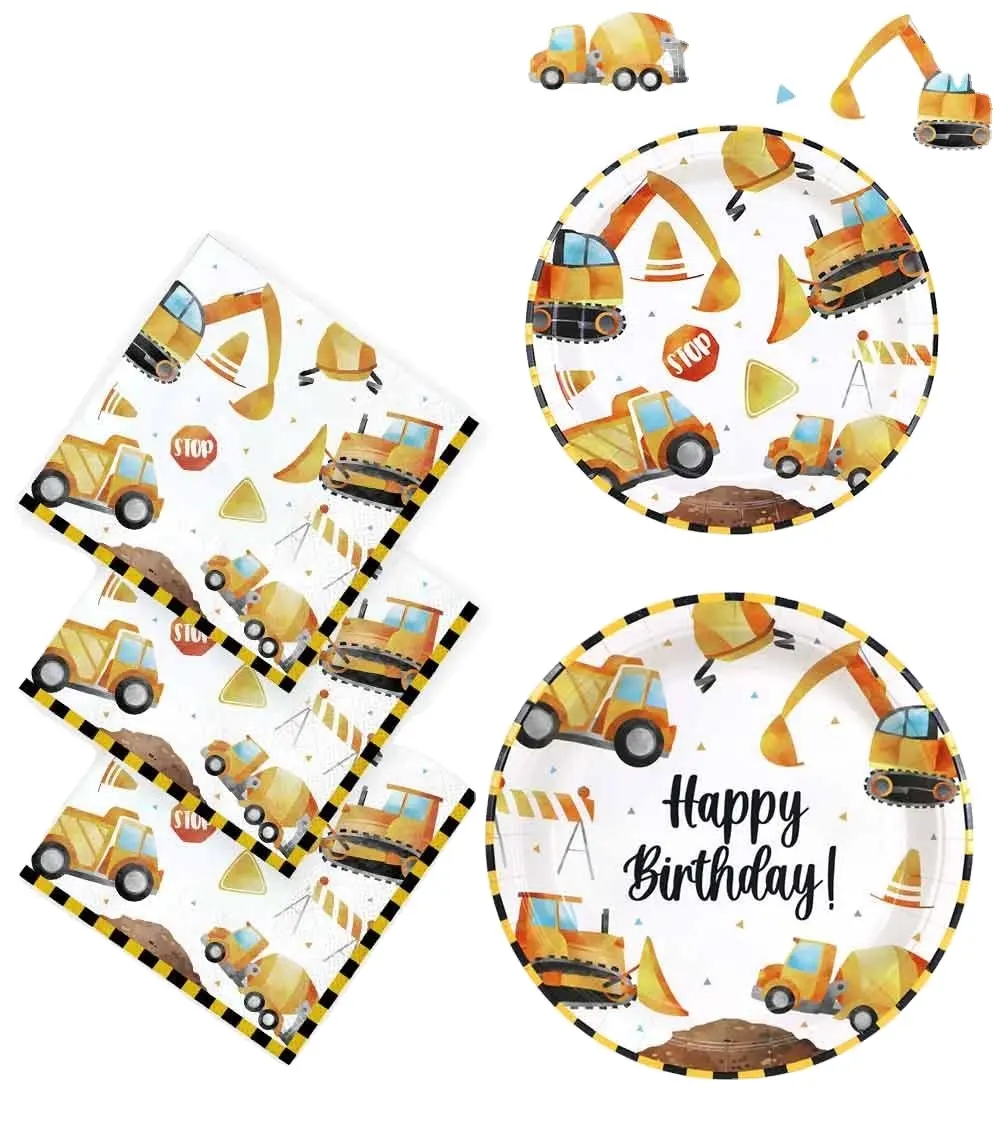 Birthday Party Supplies Plates Napkins and Tablecloth Set Construction Theme Party Decorations for Boys Kids