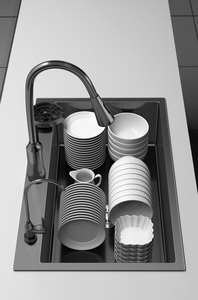 Évier de cuisine moderne de luxe à une cuvette SUS304 en <span class=keywords><strong>millet</strong></span> noir et diamant, robinet fait à la main, extractible, nano traitement de surface - Product Image 4