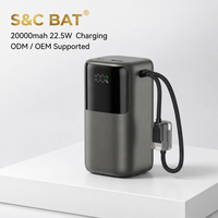 Power Bank Li-Polymer 20000mAh 22.5W/15W dengan Layar LED, Pengisian Cepat, Tiga Port USB & Kabel Type-C Terintegrasi, Dilengkapi Proteksi Kabel