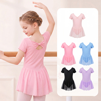 Maillot de Ballet de Manga Corta para Niñas con Falda de Gasa, Alta Elasticidad, Diseño con Lazo en la Espalda, para Entrenamiento y Actuaciones