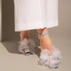 Women's Sandals Slingback Open Round Toe Heeled Sandals Femme Ankle Strap Blue Bridal Shoes with White Flower Wedding Shoes - Product Image 3