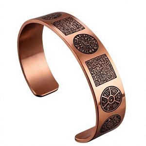 Pure Copper Vintage <b>Engraved</b> Astrological Calendar Seal Open Cuff <b>Bangle</b> Bracelet Carved Ancient Geometric Emblem - Product Image 1