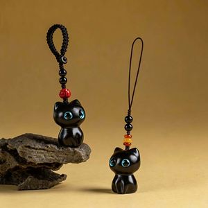 Llavero de madera de sándalo natural hecho a mano con forma de gato, colgante para llaves de coche, amuleto de la suerte, correa para teléfono, adorno para bolso, regalo para mujer - Product Image 4