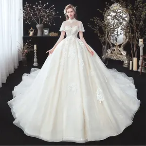 חדש לגמרי גבוהה צוואר קצר שרוול ואגלי אפליקציות תחרה מדהים כדור שמלת חתונת שמלות בתוספת גודל Robe דה Mariee שמלת כלה