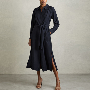 Nhà Máy OEM Thanh Lịch Dài Tay Áo Chính Thức <span class=keywords><strong>Dresses</strong></span> Phụ Nữ Tùy Chỉnh Màu Rắn Nút Up Phía Trước Belted Midi Dress - Product Image 6