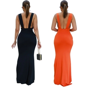เดรสยาวทรงปลายหางปลาสีพื้นเซ็กซี่ คอลึก เปิดหลัง ไร้แขน แฟชั่นสำหรับผู้หญิง - Product Image 2