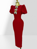 Robe Chic 2026 avec Nœud en Strass et Manches Bouffantes : Robe Moulante Bandage Élégante à Découpes pour Soirée et Cérémonie pour Femme