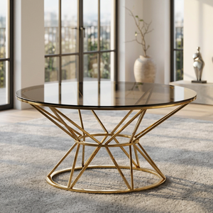 AK Brass High Quality <b>Round</b> Iron Metal Coffee <b>Table</b> <b>Gold</b> Finish with Glass Top Modern Design for Balcony Room Home Furniture - Product Image 3
