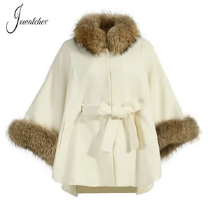 Fashion Cashmere Wool Coat With Real Raccoon Fur Collar And Cuffs Women Double-sided Cashmere Cape With Real Fur