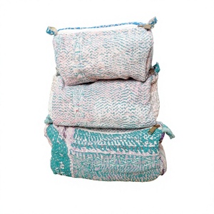Handmade Cotton Kantha Floral Pattern Modern Style Cosmetic Pouch Bag Zipper Closure Small-Large Sizes Women's Gift Rajasthan - Product Image 1