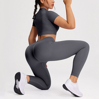Ensemble de yoga taille haute élastique pour femme, respirant, léger, uni, avec crop top à manches courtes et leggings push-up, 2 pièces sans couture pour la gym