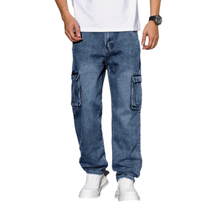 <span class=keywords><strong>Jeans</strong></span> <span class=keywords><strong>Lunghi</strong></span> Americani Stile Workwear a Vita Media, Gamba Dritta, Multi-Tasca, Vestibilità Ampia, Traspiranti, in Denim Lavato - Product Image 3