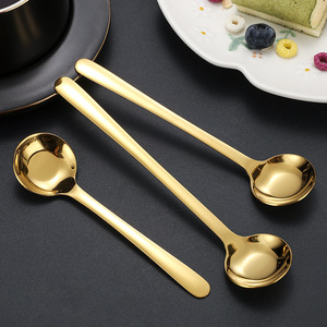304 Stainless Steel <b>Gold</b> <b>Spoon</b> Long Handle Flat Bottom Round Soup Ladle Household <b>Serving</b> Tableware Food Grade - Product Image 1