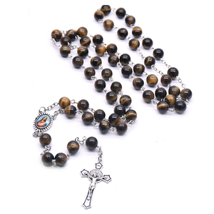 <span class=keywords><strong>Collana</strong></span> di <span class=keywords><strong>rosario</strong></span> di gioielli da <span class=keywords><strong>uomo</strong></span> con croce cattolica di gioielli religiosi con catena di perle di occhio di tigre naturale - Product Image 4