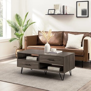 Oem sinh thái thân thiện 2-ngăn kéo Bàn cà phê tối giản MDF đen kim loại kẹp tóc chân mở cubby lưu trữ hiện đại - Product Image 1