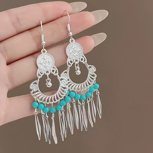 6 pares de pendientes colgantes DouVei vintage bohemios con borlas y cuentas, de aleación de zinc, con dijes de hilo de algodón, para mujer, hechos a mano, para aniversario - Product Image 3
