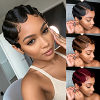Perruque YWhair Pixie Cut Shanghai Wave en cheveux humains, fabriquée à la machine, pleine densité, 100% cheveux Remy naturels, aspect noir naturel et sans nœuds
