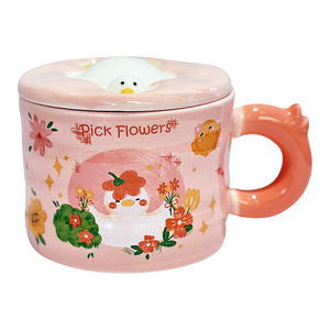 Cute Duck <b>Ceramic</b> <b>Mug</b> With Lid Pink Yellow White Cartoon Design For Couples Girls Spring 2025 Present Single Cup - Product Image 4