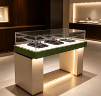 Vitrine de présentation de bijoux en verre et bois avec éclairage LED, couleurs personnalisables et caractéristiques écologiques