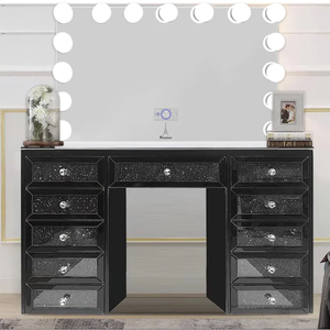 Bedroom <strong>black</strong> crushed diamond crystal <strong>black</strong> mirrored glass <strong>vanity</strong> desk dressing <strong>table</strong> with 11 drawers - Product Image 2