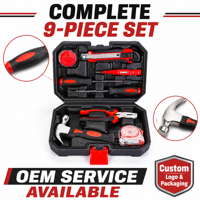 Ensemble d'outils ergonomiques 9 pièces avec poignée caoutchoutée, marteau, pinces, ruban à mesurer, couteau à découper, testeur de tension, tournevis, étui de transport, kit de bricolage