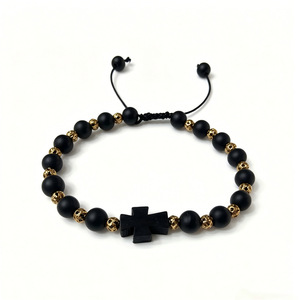 Black Frosted Stone <b>Bracelet</b> With <b>Gold</b> Copper <b>Beads</b> Cross Design Adjustable Unisex Religious Ceremonies Volcanic Rock Jewelry - Product Image 5