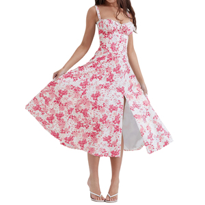 Vestido Midi de Verano para Mujer, Estilo Boho, con Tirantes Finos, Abertura en el Muslo, Lazo Delantero, Estampado Floral, Sin Mangas, Vintage, Línea A, para la Playa - Product Image 2