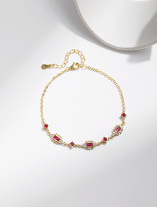 S925 silver Women's 18K Solid Gold Ruby <b>Bracelet</b> With Baguette Cut Diamonds Geometric Chain Link Classic Everyday Wear - Product Image 5
