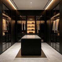 Armoire dressing moderne haut de gamme sur mesure avec îlot central et porte vitrée pour maison, villa, appartement
