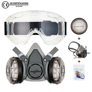 Masque à gaz demi-visage réutilisable OAK HR-02 avec lunettes de sécurité et bouchons d'oreilles, certifié CE, <span class=keywords><strong>filtre</strong></span> à charbon actif remplaçable pour les produits organiques - Product Image 1
