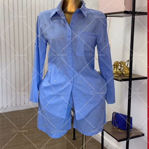 GX2464时尚秋季女装精品街头穿长袖单排扣钻石衬衫短裤2件套 - Product Image 2