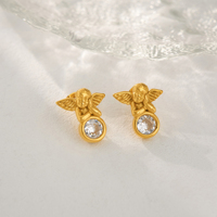 MYNECK Joyería al por Mayor, Aretes de Acero Inoxidable con Baño de Oro PVD de 18k, Resistentes al Deslustre, con Circonitas Brillantes, Diseño de Ángel Bebé