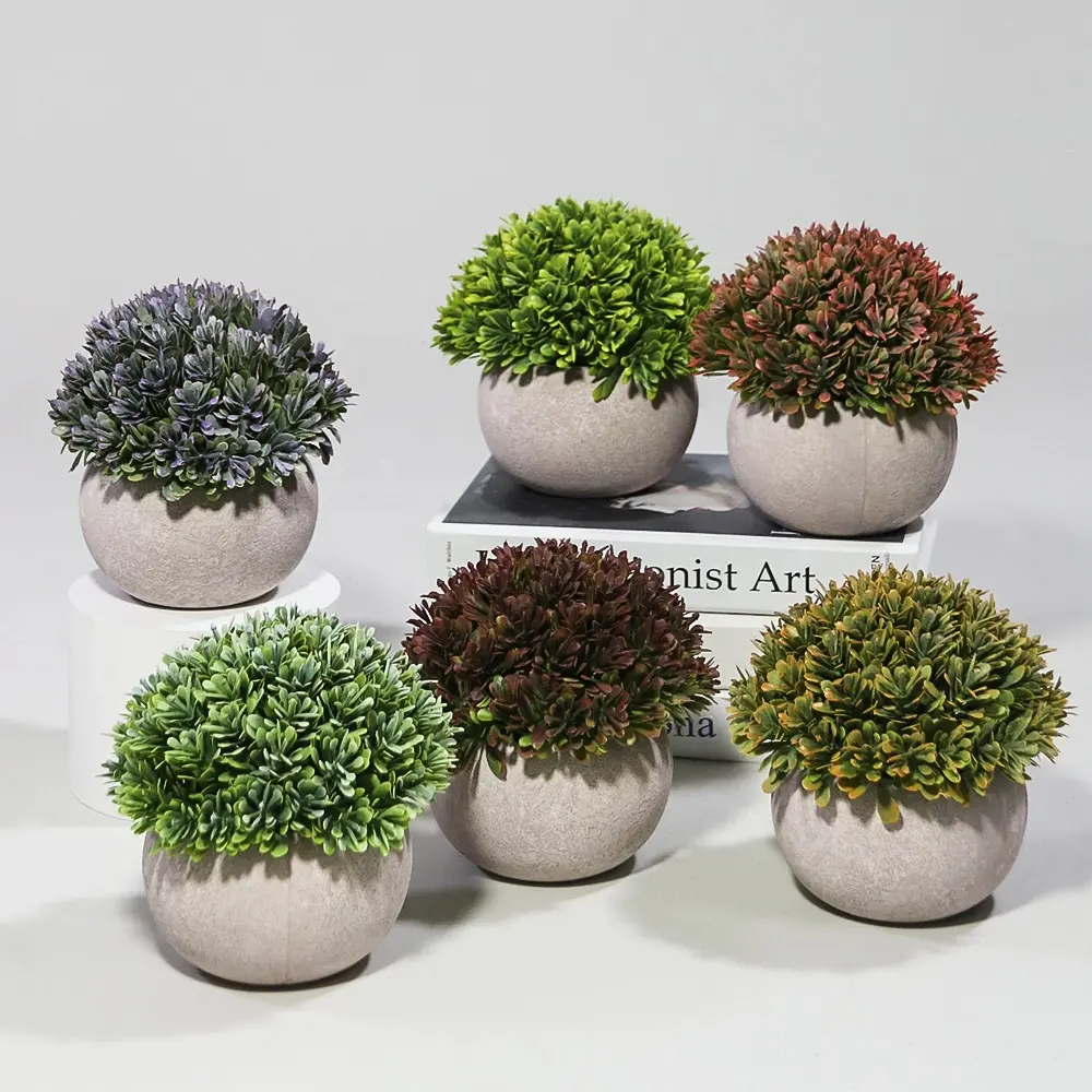 Home Decor Artificial Plastic Mini Plants Unique Fake Fresh Green Grass Flower in Gray Pot