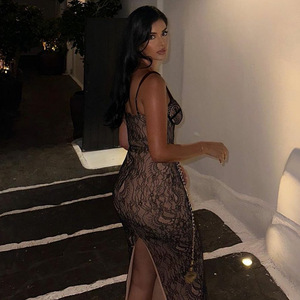 Lace <b>Patchwork</b> Backless Strap Slit Long Dress Sweetheart Neckline Sheer Layer Evening Dress Natural Waistline - Product Image 2