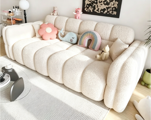 Sofá Cama de 3 Plazas para <span class=keywords><strong>Sala</strong></span> de Estar Pequeña, Estilo Crema, Adorable, Lindo, Súper Suave, Tela Bouclé, Color Algodón de Azúcar - Product Image 2