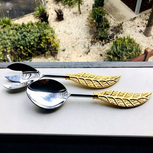 Western Style Metal <b>Serving</b> <b>Spoon</b> & Fork with Brass <b>Gold</b> Leaf Design Handle for Hotels & Kitchenware Silver Salad Servers - Product Image 1