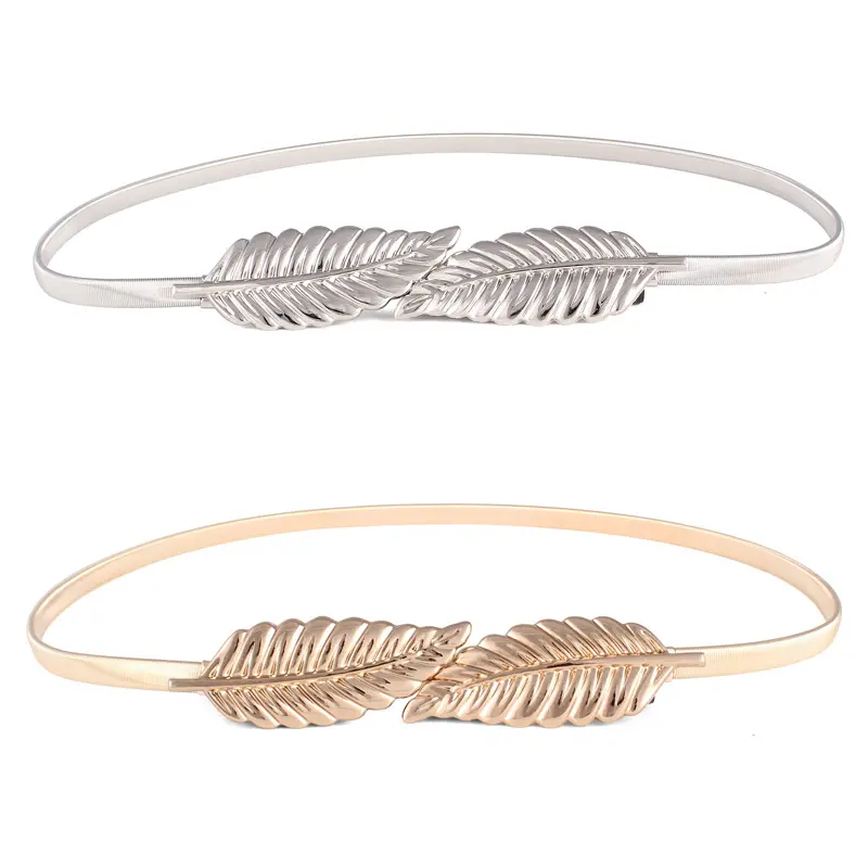 Wholesale womens fashion accessories Elastic Chain Versatile gold plated leafs buckle metal flexible waist belts
