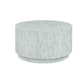 Mesa de Centro Redonda con Incrustaciones de Madreperla, Mesa de Centro de Madera con Rayas Azules y Blancas, Muebles de Sala de Estar de Lujo Hechos a Mano - Product Image 1