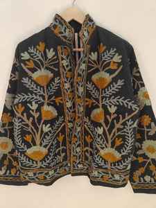 <b>Black</b> Cotton TNT Suzani Embroidered Jacket Handcrafted Floral Boho <b>Coat</b> Vintage Style Statement Outerwear Festival - Product Image 2